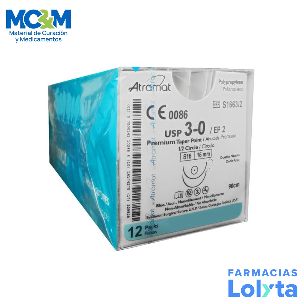 SUTURA POLIPROPILENO 3/0 16 MM 90 CM 1/2 AHUSADA PREMIUM REDONDA DOBLE ARMADA C/12 S1663/2 ATRAMAT