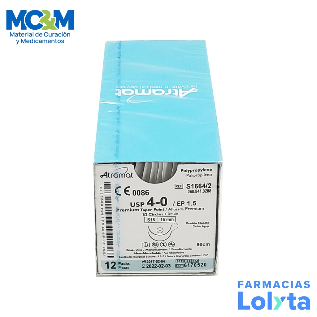 SUTURA POLIPROPILENO 4/0 16 MM 90 CM 1/2 AHUSADA PREMIUM REDONDA DOBLE ARMADA C/12 S1664/2 ATRAMAT