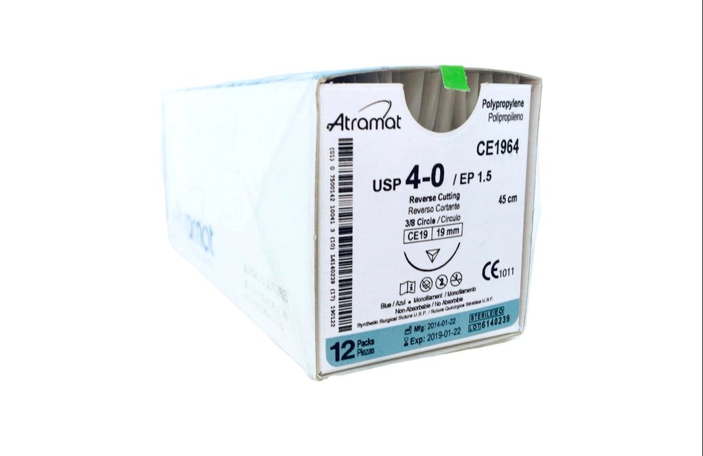 SUTURA POLIPROPILENO 4/0 19 MM 45 CM 3/8 REVERSO CORTANTE C/12 CE1964 ATRAMAT