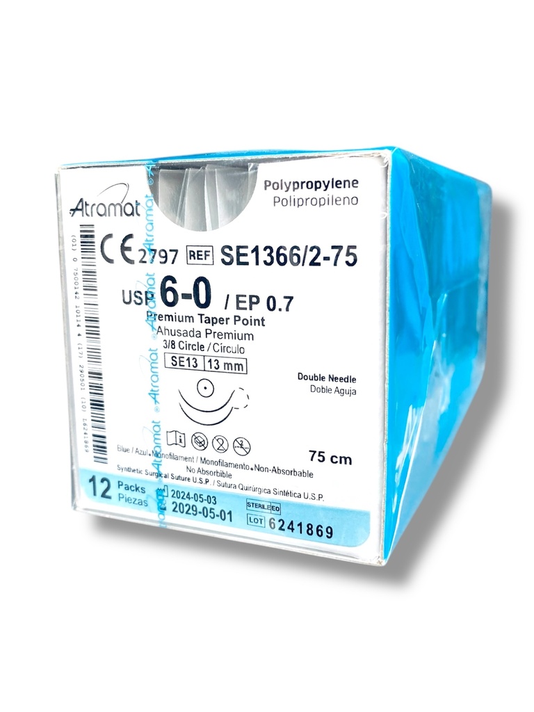 SUTURA POLIPROPILENO 6/0 13 MM 75 CM 3/8 AHUSADA PREMIUM REDONDA DOBLE ARMADA C/12 SE1366/2-75 ATRAMAT