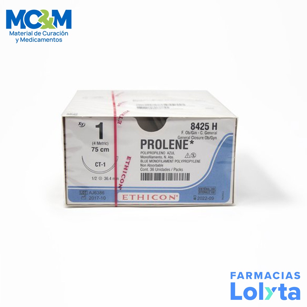 SUTURA PROLENE 1 36.4 MM 75 CM CT-1 AHUSADA REDONDA POLIPROPILENO C/12 8425H ETHICON GENERAL