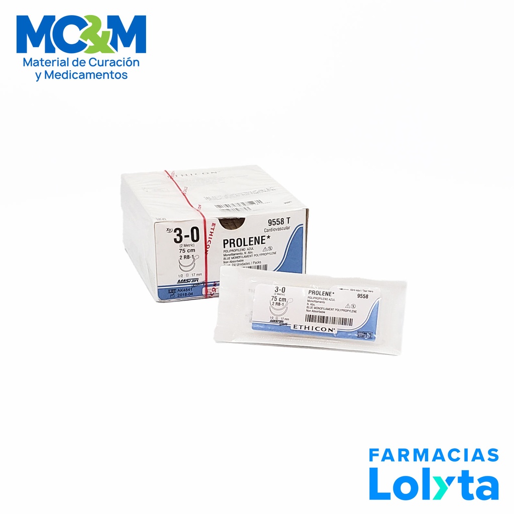 SUTURA PROLENE 3/0 17 MM 75 CM 2RB-1 AHUSADA REDONDA DOBLE ARMADA POLIPROPILENO C/12 9558T ETHICON CARDIOVASCULAR