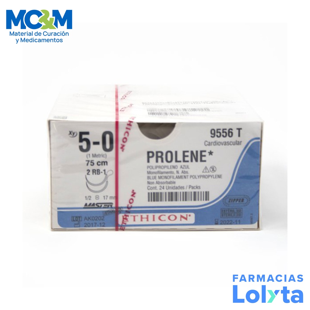 SUTURA PROLENE 5/0 17 MM 75 CM 2RB-1 AHUSADA REDONDA DOBLE ARMADA POLIPROPILENO C/12 9556T ETHICON CARDIOVASCULAR