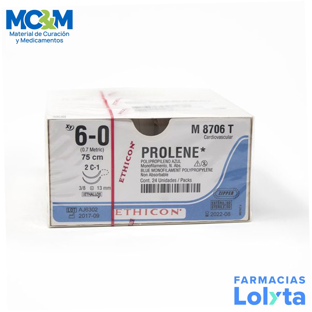 SUTURA PROLENE 6/0 13 MM 75 CM 2C-1 AHUSADA REDONDA DOBLE ARMADA POLIPROPILENO C/12 M8706T ETHICON CARDIOVASCULAR