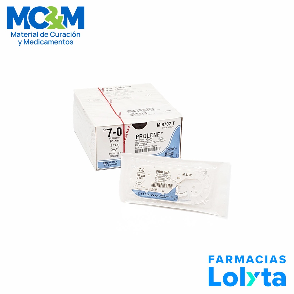 SUTURA PROLENE 7/0 9.3 MM 60 CM 2BV-1 AHUSADA REDONDA DOBLE ARMADA POLIPROPILENO C/12 M8702T ETHICON CARDIOVASCULAR