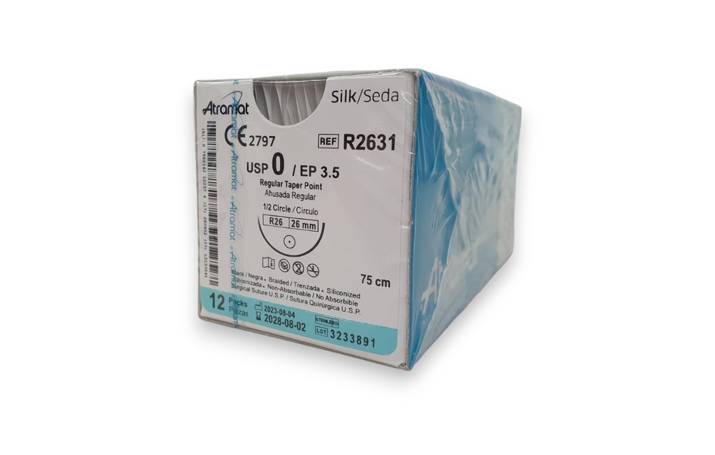 SUTURA SEDA 0 26 MM 75 CM 1/2 AHUSADA REGULAR REDONDA C/12 R2631 ATRAMAT
