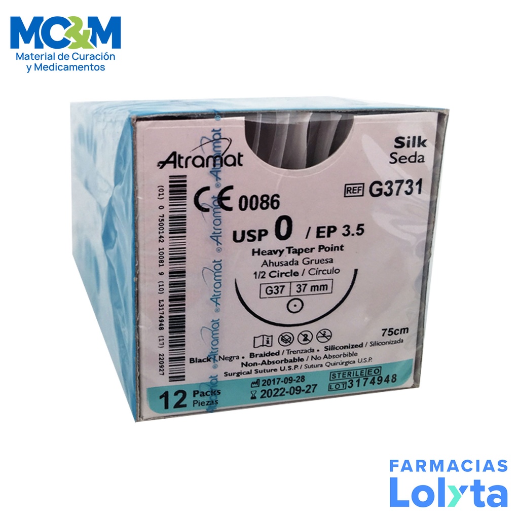 SUTURA SEDA 0 37 MM 75 CM 1/2 AHUSADA GRUESA REDONDA C/12 G3731 ATRAMAT