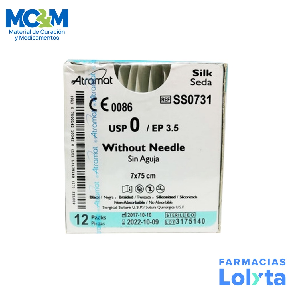 SUTURA SEDA 0 7X75 CM SIN AGUJA C/12 SS0731 ATRAMAT