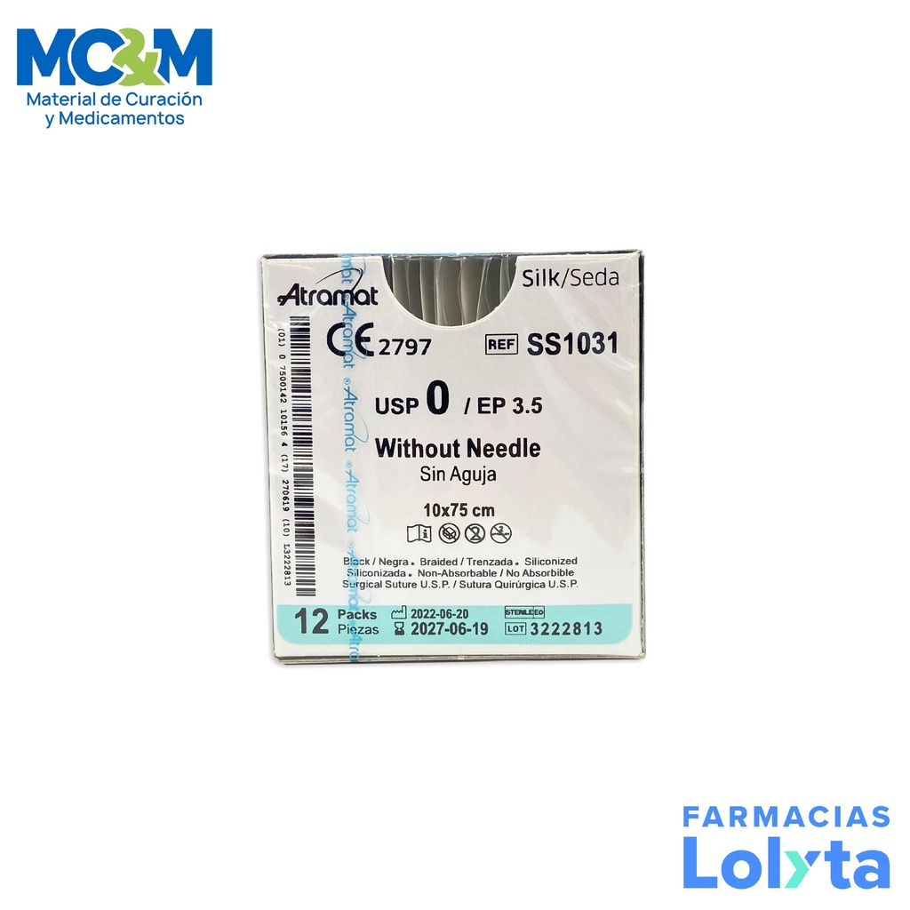 SUTURA SEDA 0 10X75 CM SIN AGUJA C/12 SS1031 ATRAMAT
