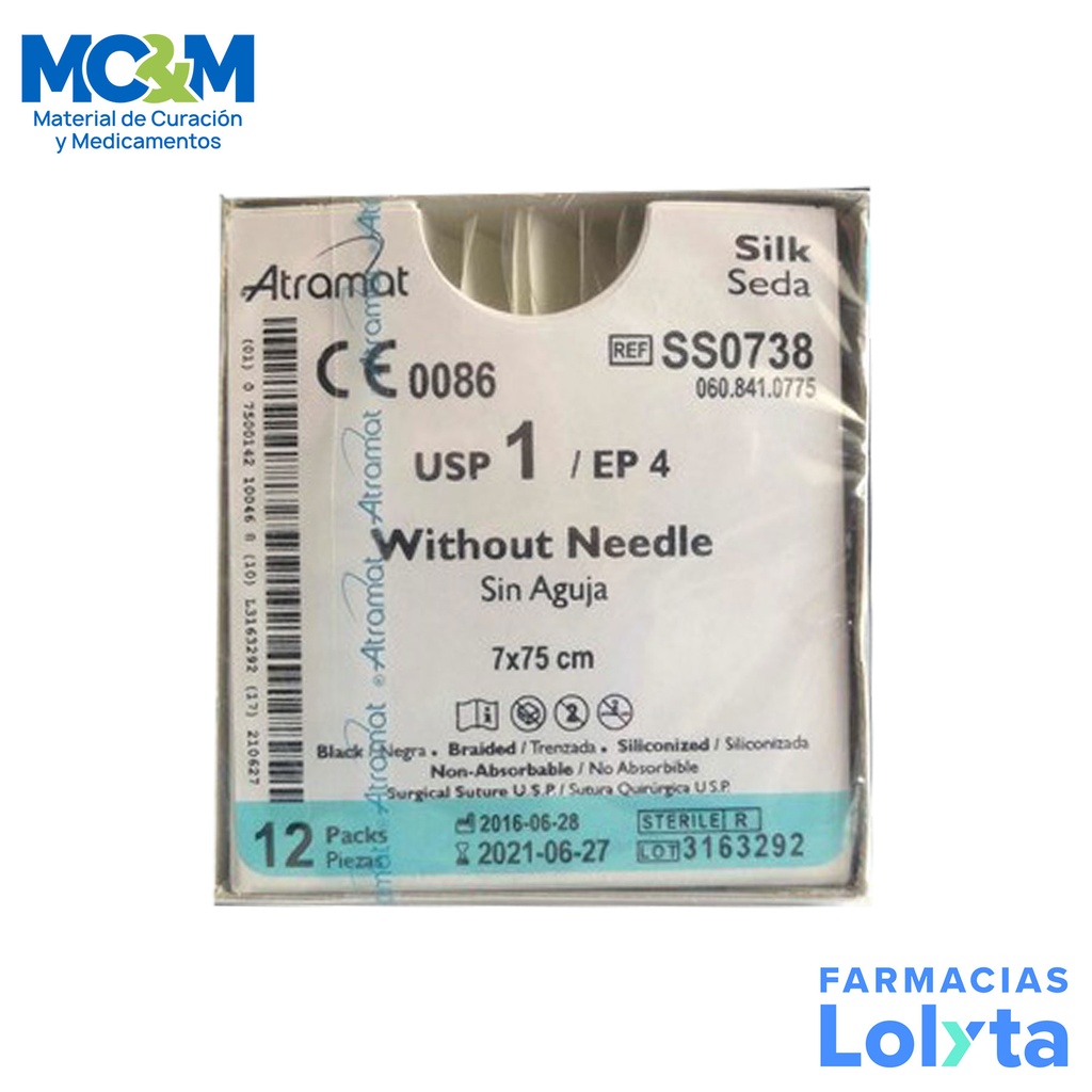 SUTURA SEDA 1 7X75 CM SIN AGUJA C/12 SS0738 ATRAMAT