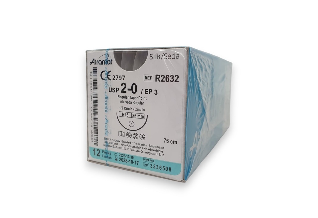 SUTURA SEDA 2/0 26 MM 75 CM 1/2 AHUSADA REGULAR REDONDA C/12 R2632 ATRAMAT
