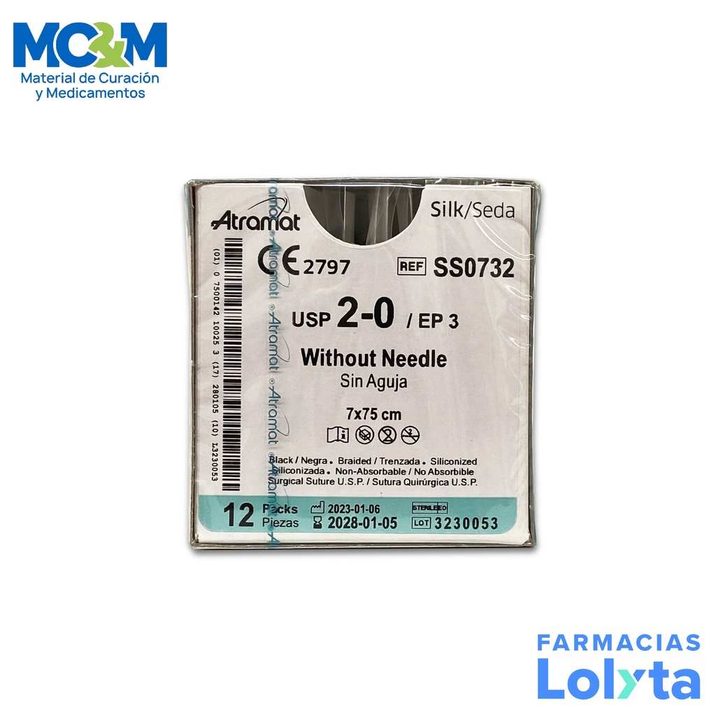 SUTURA SEDA 2/0 7X75 CM SIN AGUJA C/12 SS0732 ATRAMAT