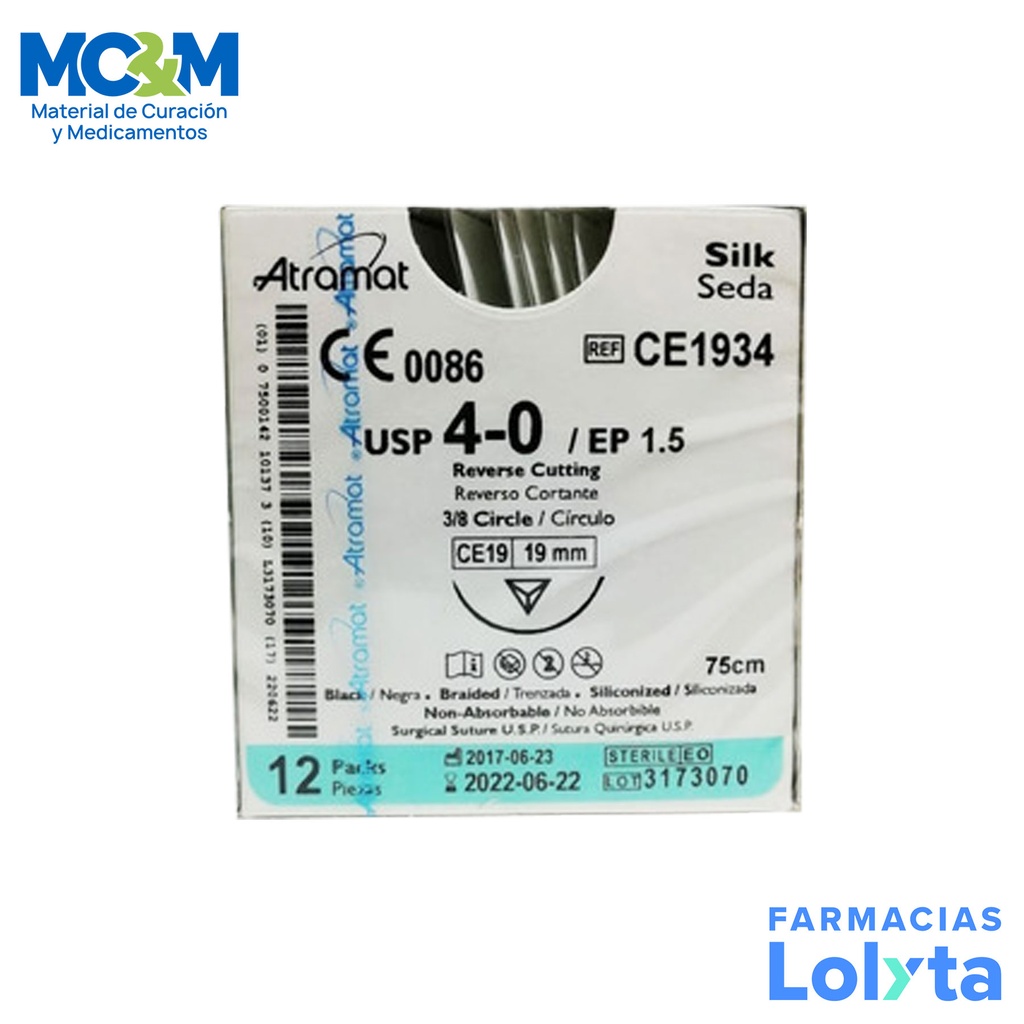 SUTURA SEDA 4/0 19 MM 75 CM 3/8 REVERSO CORTANTE C/12 CE1934 ATRAMAT