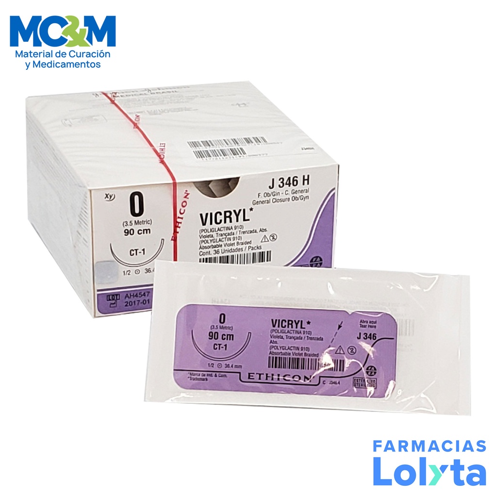 SUTURA VICRYL 0 36.4 MM 90 CM CT-1 AHUSADA REDONDA POLIGLACTINA 910 C/12 J346H ETHICON GENERAL