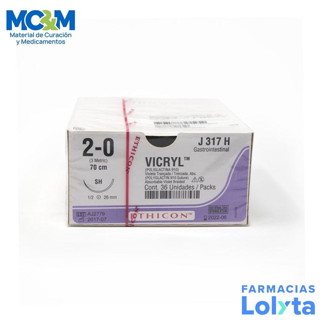 SUTURA VICRYL 2/0 26 MM 70 CM SH AHUSADA REDONDA POLIGLACTINA 910 C/12 J317H ETHICON GASTROINTESTINAL