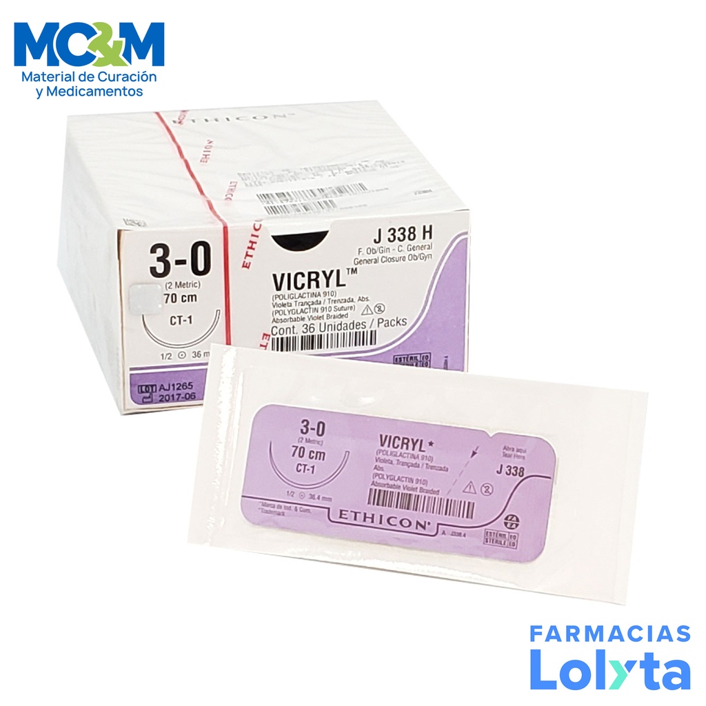 SUTURA VICRYL 3/0 36 MM 70 CM CT-1 AHUSADA REDONDA POLIGLACTINA 910 C/12 J338H ETHICON GENERAL