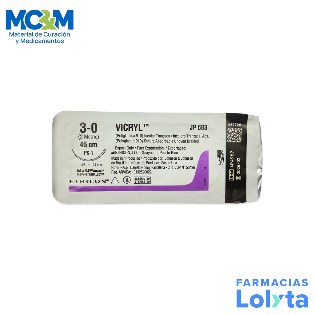 SUTURA VICRYL 3/0 24 MM 45 CM PS-1 REVERSO CORTANTE PRIME POLIGLACTINA 910 C/12 JP683G ETHICON PLASTICA