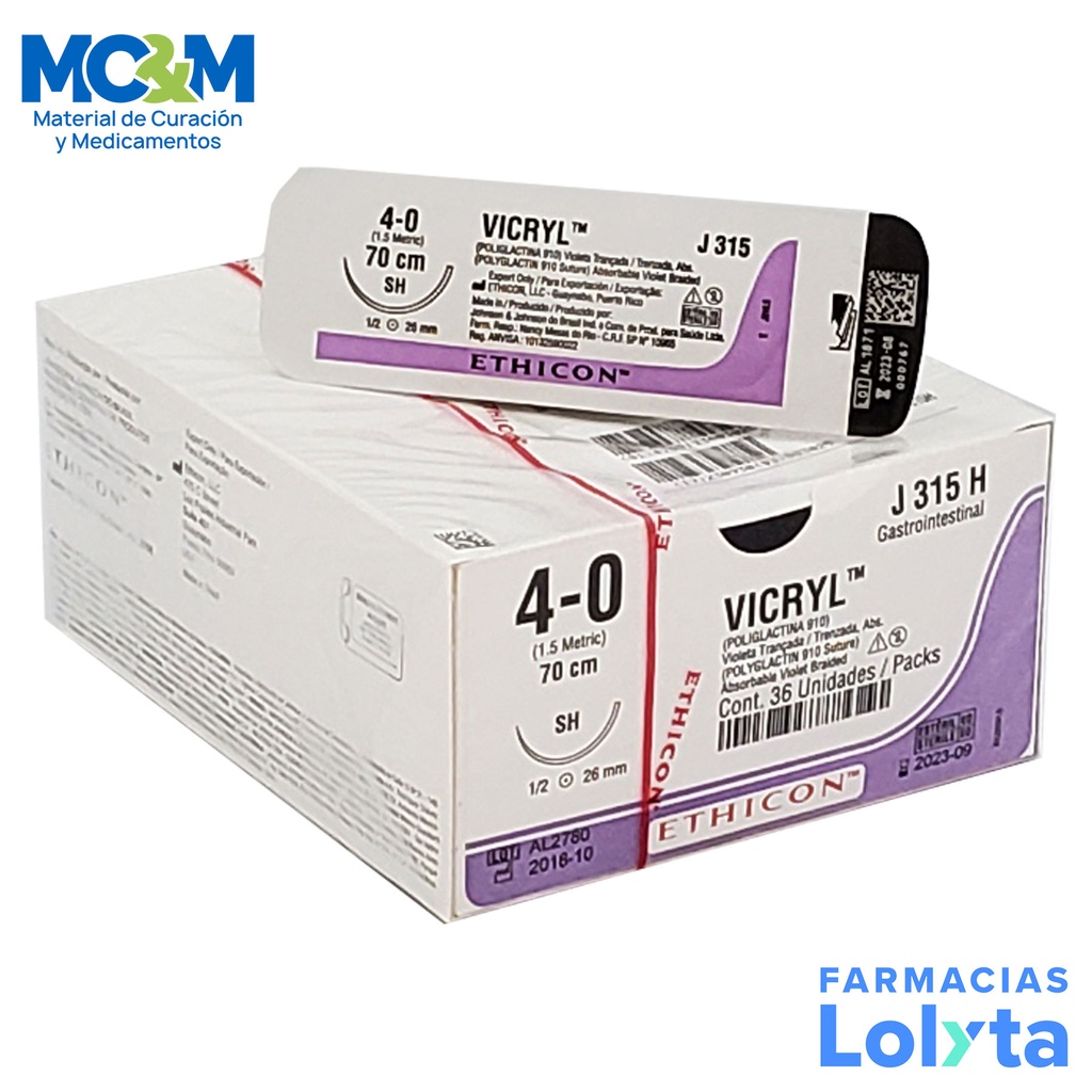 SUTURA VICRYL 4/0 26 MM 70 CM SH AHUSADA REDONDA POLIGLACTINA 910 J315H ETHICON GASTROINTESTINAL
