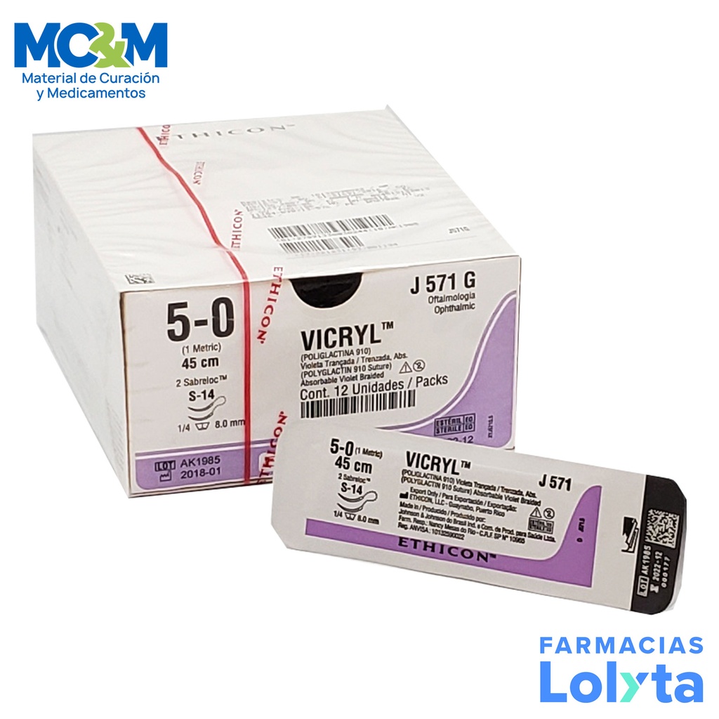SUTURA VICRYL 5/0 8 MM 45 CM S-14 ESPATULA SABRELOC DOBLE ARMADA POLIGLACTINA 910 C/12 J571G ETHICON OFTALMOLOGIA