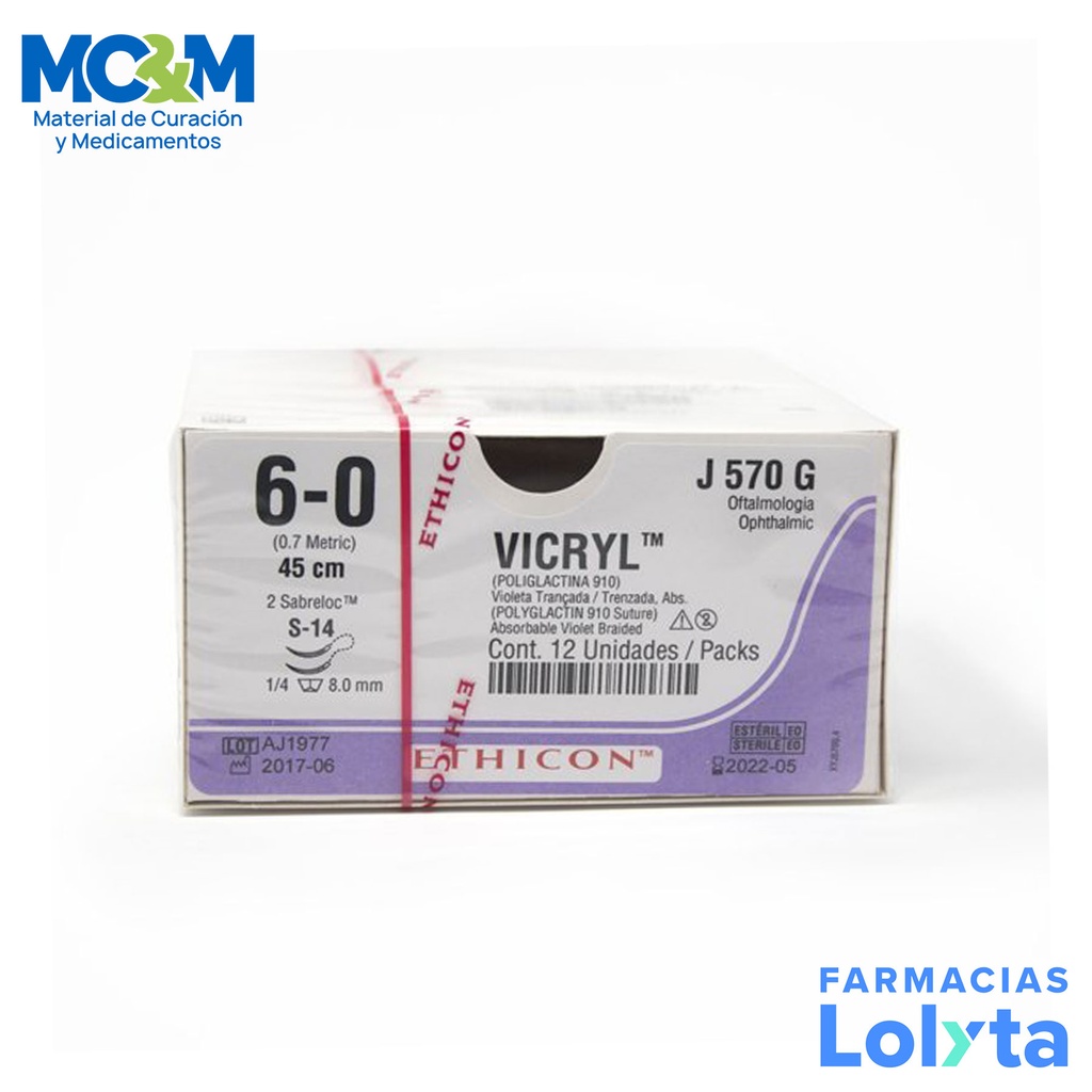 SUTURA VICRYL 6/0 8 MM 45 CM S-14 ESPATULA SABRELOC DOBLE ARMADA POLIGLACTINA 910 C/12 J570G ETHICON OFTALMOLOGIA