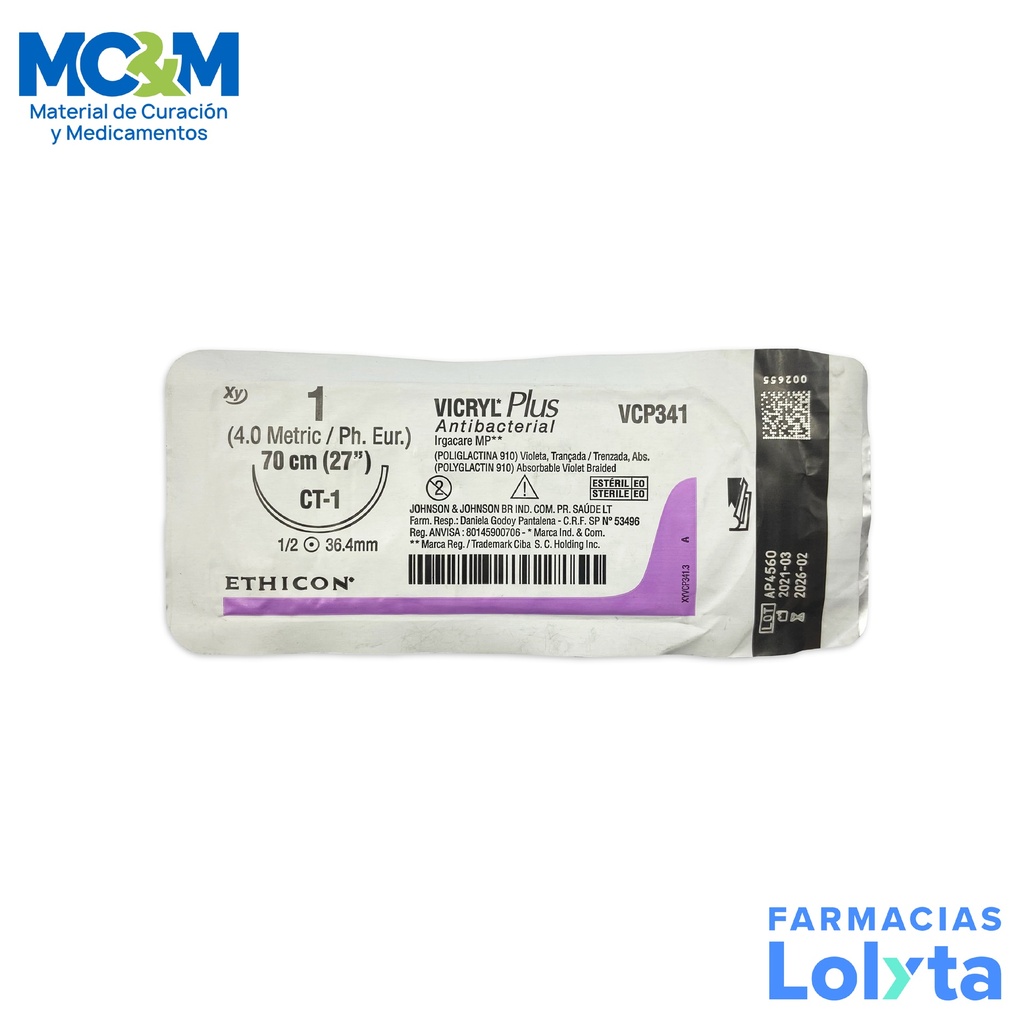 SUTURA VICRYL PLUS ANTIBACTERIAL 1/0 36.4 MM 70 CM CT-1 AHUSADA REDONDA POLIGLACTINA 910 PIEZA VCP341H ETHICON GENERAL