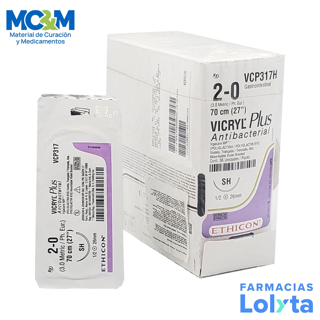 SUTURA VICRYL PLUS ANTIBACTERIAL 2/0 26 MM 70 CM SH AHUSADA REDONDA POLIGLACTINA 910 PIEZA VCP317H ETHICON GASTROINTESTINAL