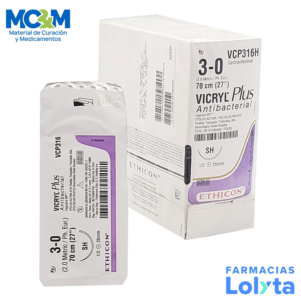 SUTURA VICRYL PLUS ANTIBACTERIAL 3/0 26 MM 70 CM SH AHUSADA REDONDA POLIGLACTINA 910 C/12 VCP316H ETHICON GASTROINTESTINAL