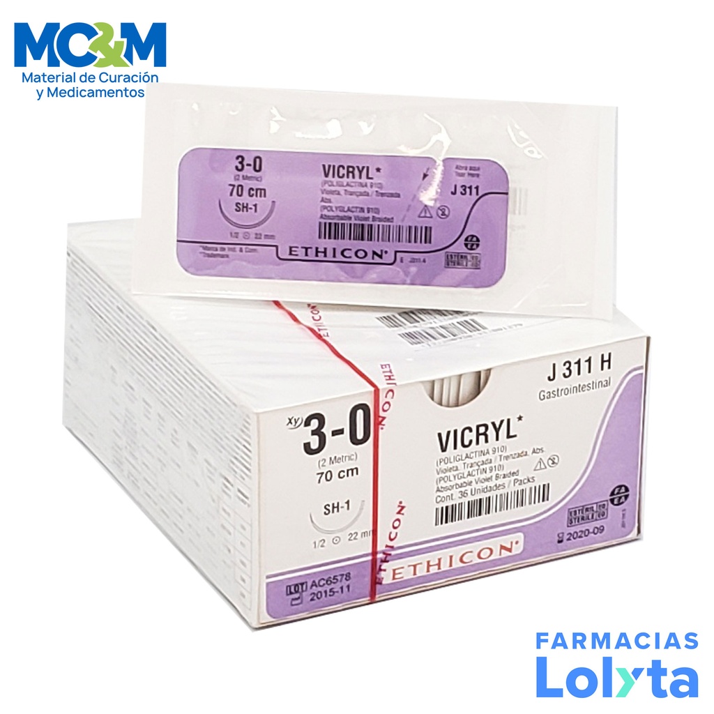 SUTURA VICRYL 3/0 22 MM 70 CM SH-1 AHUSADA REDONDA POLIGLACTINA 910 C/12 J311H ETHICON GASTROINTESTINAL