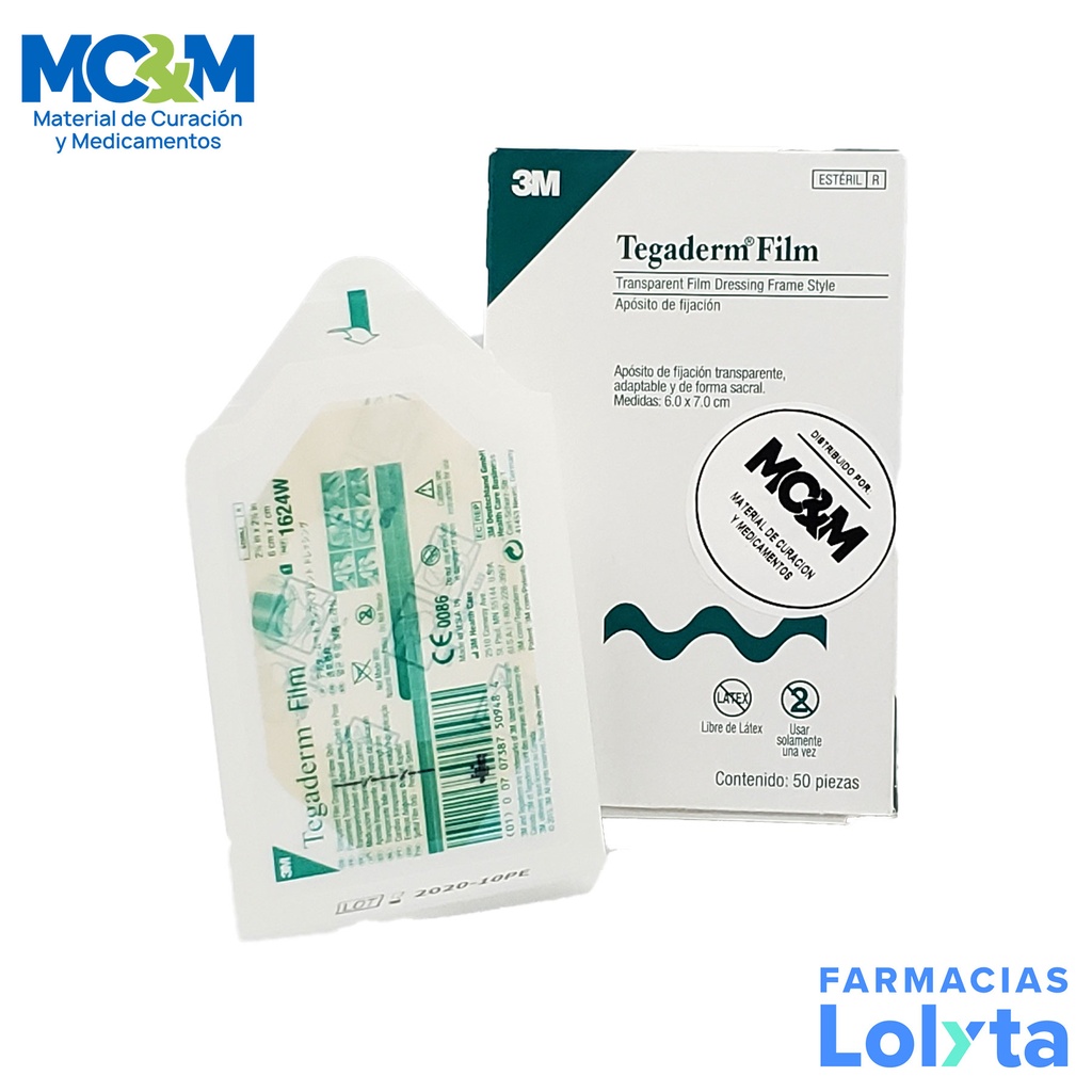 TEGADERM FILM 6 X 7 CM C/50 PZAS APOSITO DE FIJACION TRANSPARENTE REF 1624W 3M
