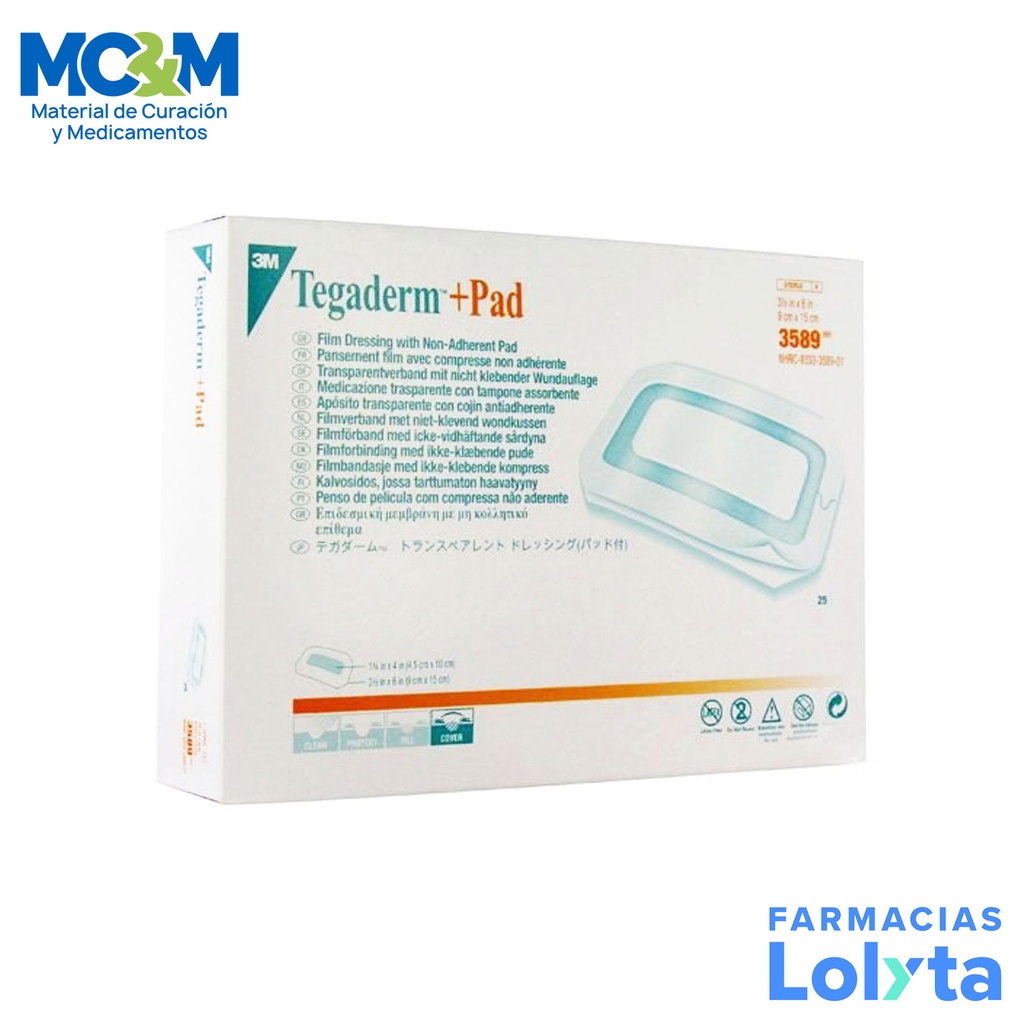 TEGADERM+PAD 9 X 15 CM C/25 PZAS APOSITO TRANSPARENTE CON COJIN ANTIADHERENTE REF 3589 3M