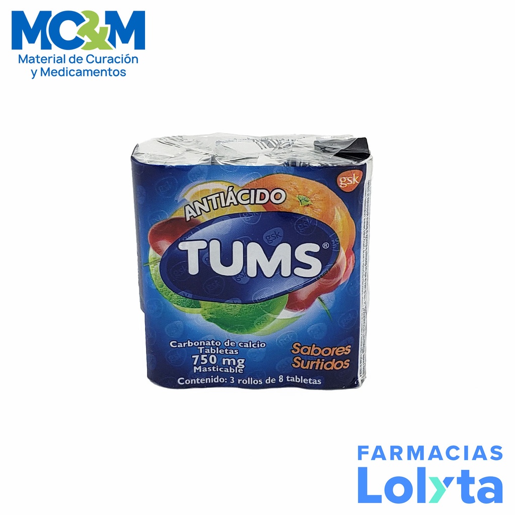 TUMS ANTIACIDO 750 MG C/24 TAB MASTICABLES SABORES SURTIDOS CARBONATO DE CALCIO LAB GSK