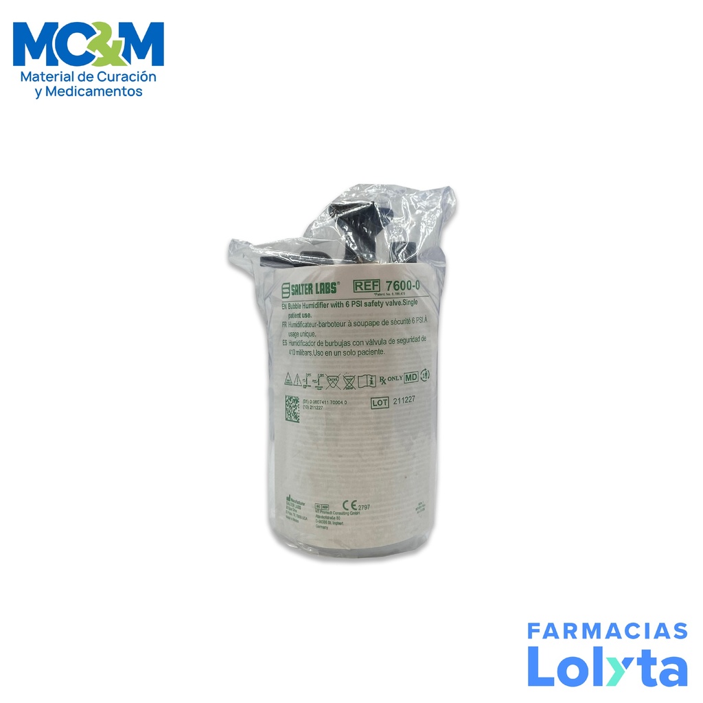 VASO HUMIDIFICADOR 6 PSI TAPA NEGRA 500 ML CON VALVULA DE SEGURIDAD REF 7600-0 SALTER LABS