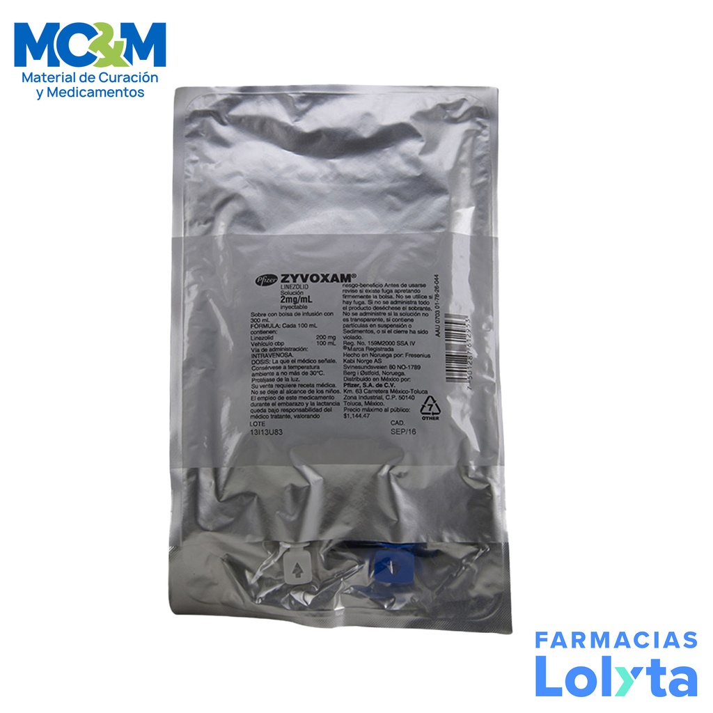 ZYVOXAM SOL INY 2 MG/ML C/300 ML LINEZOLID (BOLSA 600 MG) LAB PFIZER