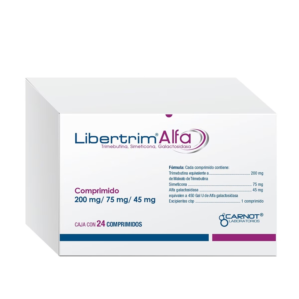 LIBERTRIM ALFA 200/75/45 MG C/24 COMPRIMIDOS TRIMEBUTINA SIMETICONA GALACTOSIDASA LAB CARNOT