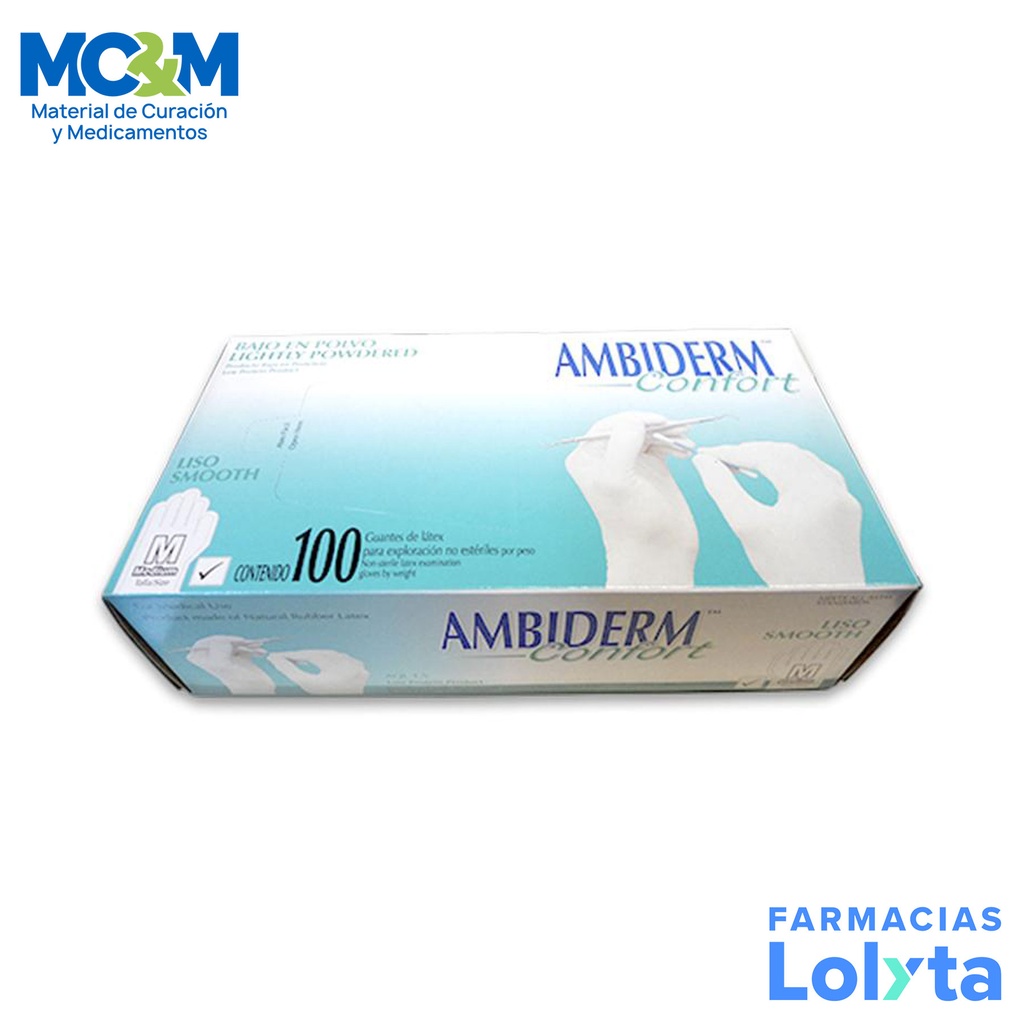 GUANTE LATEX NO ESTERIL CONFORT LISO MEDIANO C/100 PZAS AMBIDERM