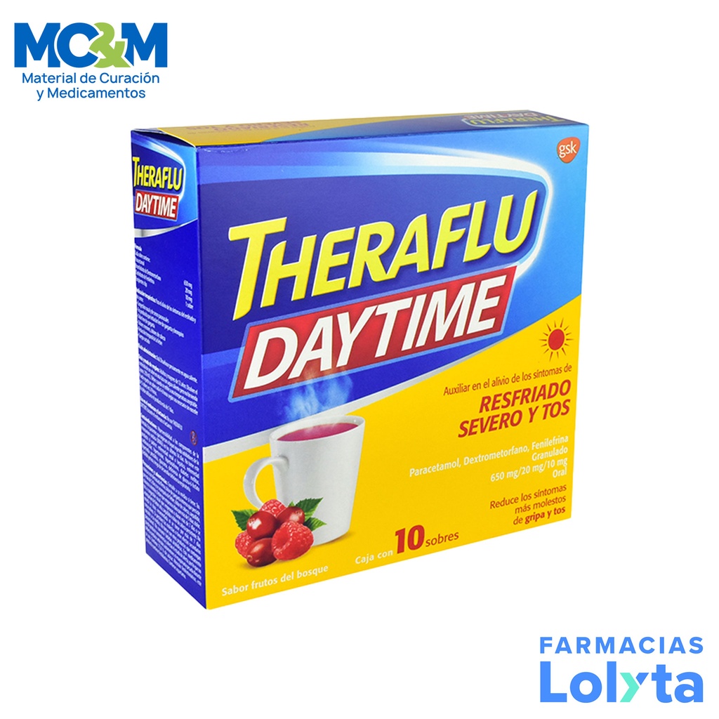 THERAFLU DAYTIME 650/20/10 MG C/10 SOBRES GRANULADO SABOR FRUTOS DEL BOSQUE PARACETAMOL DEXTROMETORFANO FENILEFRINA LAB GSK