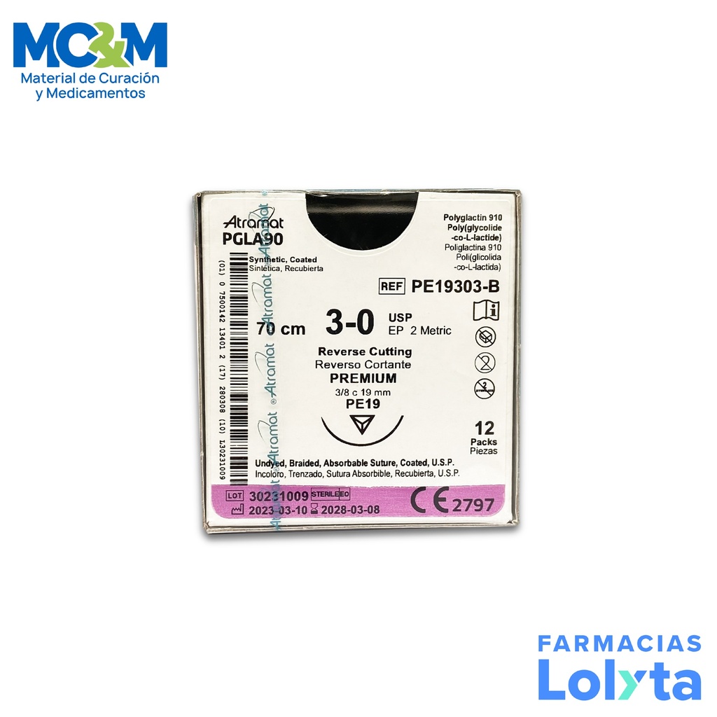 SUTURA POLIGLACTINA 910 3/0 19 MM 70 CM 3/8 REVERSO CORTANTE PREMIUM C/12 PE19303-B ATRAMAT