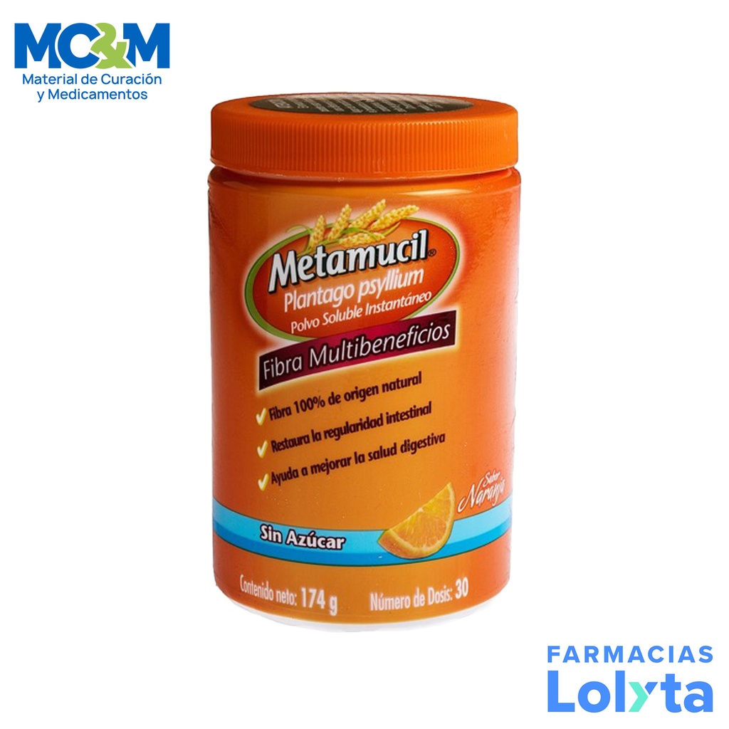 METAMUCIL POLVO C/174 G P/30 DOSIS SABOR NARANJA PLANTAGO PSYLLIUM LAB P&G