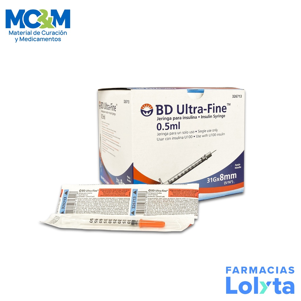 JERINGA PARA INSULINA 0.5 ML 31 G X 8 MM C/100 PZAS ULTRA FINE REF 326713 BD