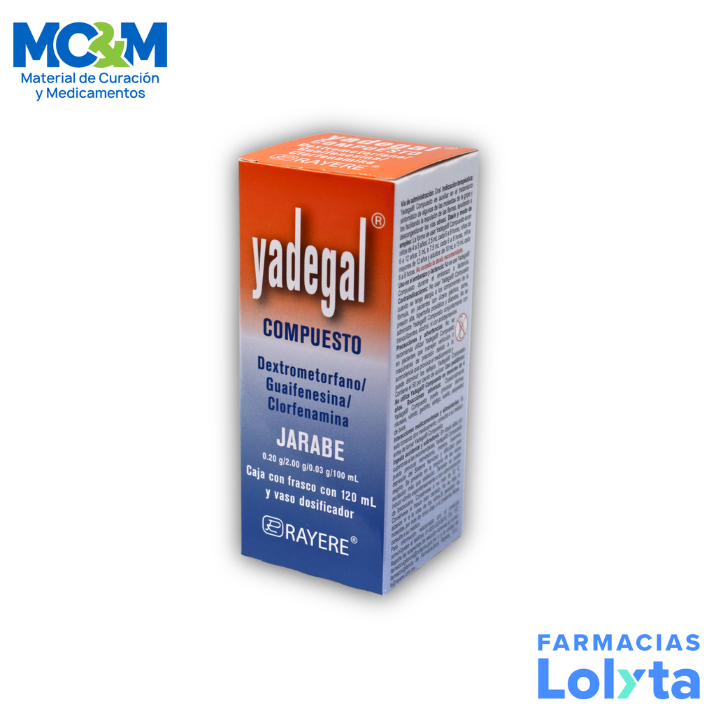 DEXTROMETORFANO GUAIFENESINA CLORFENAMINA JARABE 0.20/2/0.03 G/100 ML FCO C/120 ML YADEGAL COMPUESTO LAB RAYERE