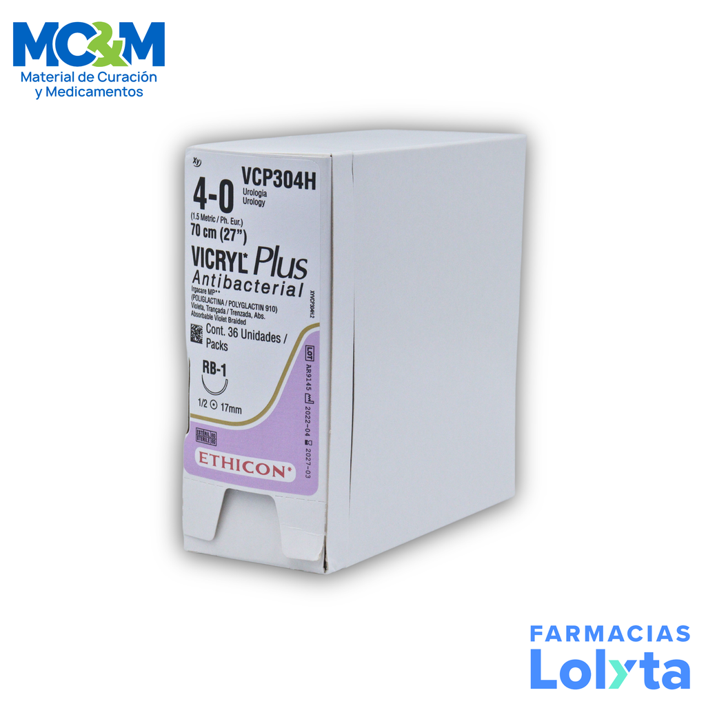 SUTURA VICRYL PLUS ANTIBACTERIAL 4/0 17 MM 70 CM RB-1 AHUSADA REDONDA POLIGLACTINA 910 C/12 VCP304H ETHICON UROLOGIA