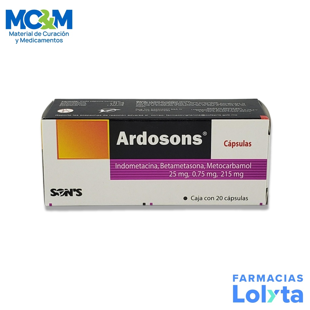 ARDOSONS 25/0.75/215MG C/20 CAP INDOMETACINA BETAMETASONA METOCARBAMOL LAB SONS