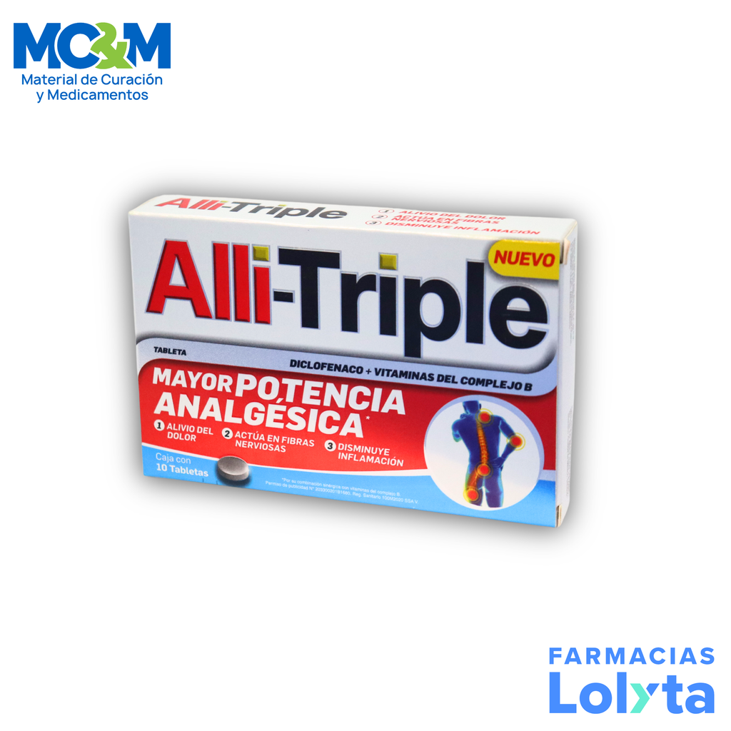 ALLI-TRIPLE 50/0.25/50/50 MG C/10 TAB DICLOFENACO CIANOCOBALAMINA PIRIDOXINA TIAMINA LAB GENOMMA
