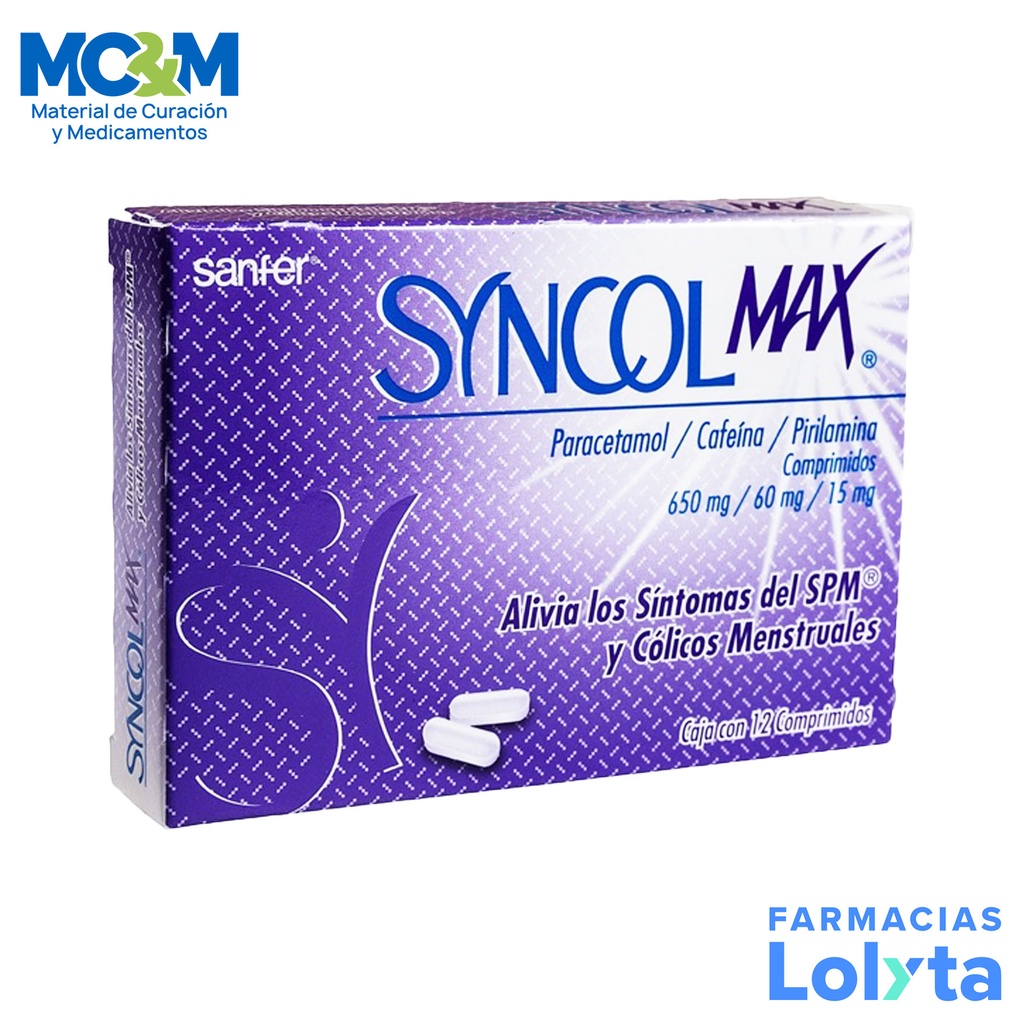 SYNCOL MAX 650/60/15 MG C/12 COMPRIMIDOS PARACETAMOL CAFEINA PIRILAMINA LAB SANFER
