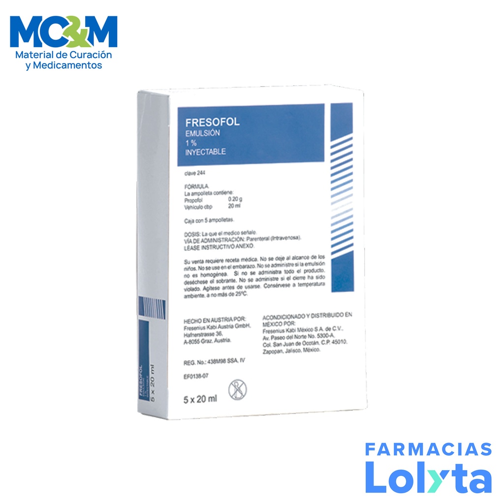 PROPOFOL EMULSION INY 200 MG/20 ML C/5 AMP FRESOFOL 1% LAB FRESENIUS