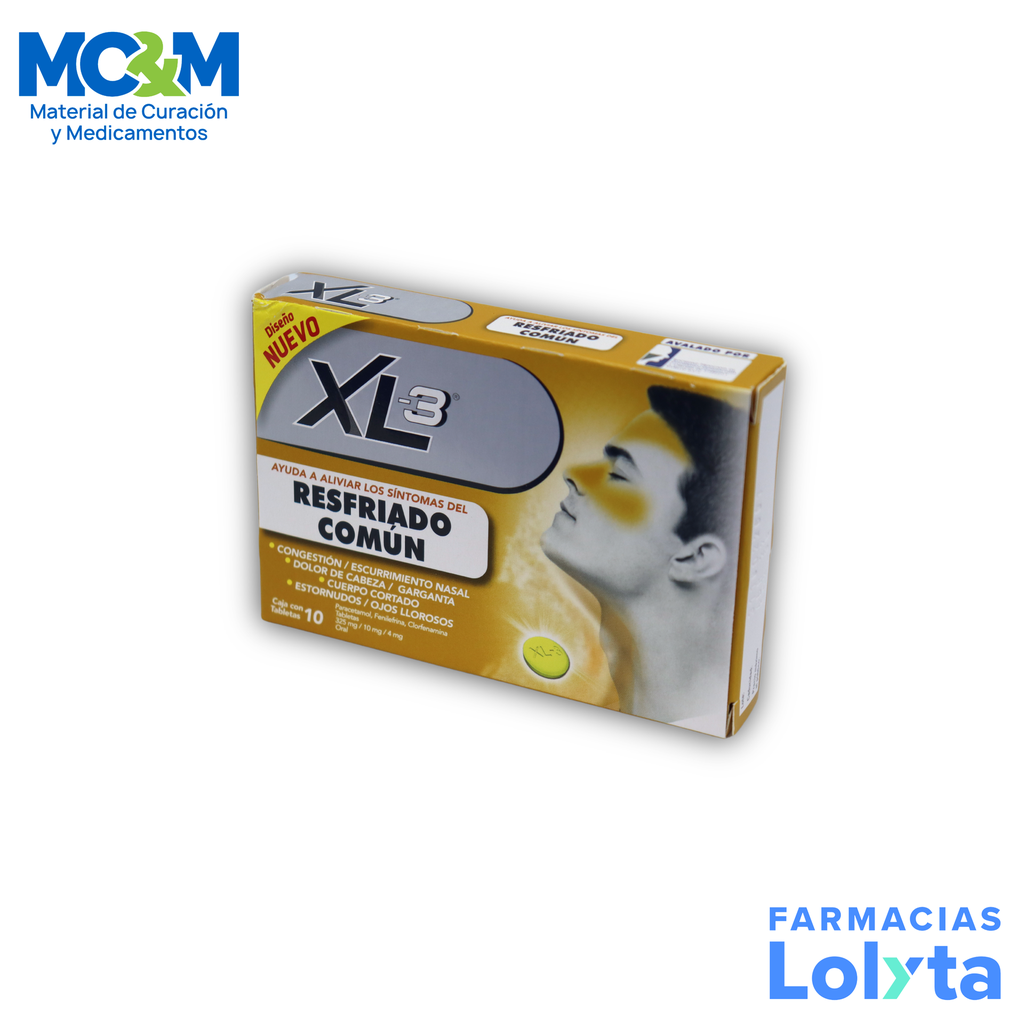 XL-3 RESFRIADO COMUN 325/10/4 MG C/10 TAB PARACETAMOL FENILEFRINA CLORFENAMINA LAB GENOMMA