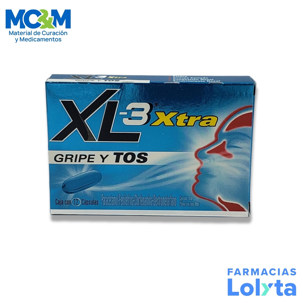 XL-3 XTRA GRIPA Y TOS 2/5/10/250 MG C/12 CAP CLORFENAMINA FENILEFRINA DEXTROMETORFANO PARACETAMOL LAB GENOMMA