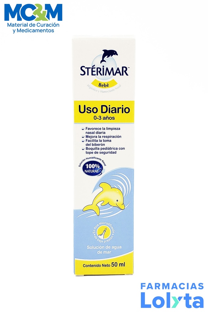 STERIMAR BEBE USO DIARIO 0-3 AÑOS SOL NASAL C/50 ML AGUA DE MAR ISOTONICA LAB CHURCH&DWIGHT