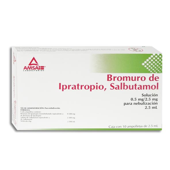 BROMURO DE IPRATROPIO SALBUTAMOL SOL P/NEBULIZAR 0.5/2.5 MG/2.5 ML C/10 AMP LAB AMSA (COMBIVENT)