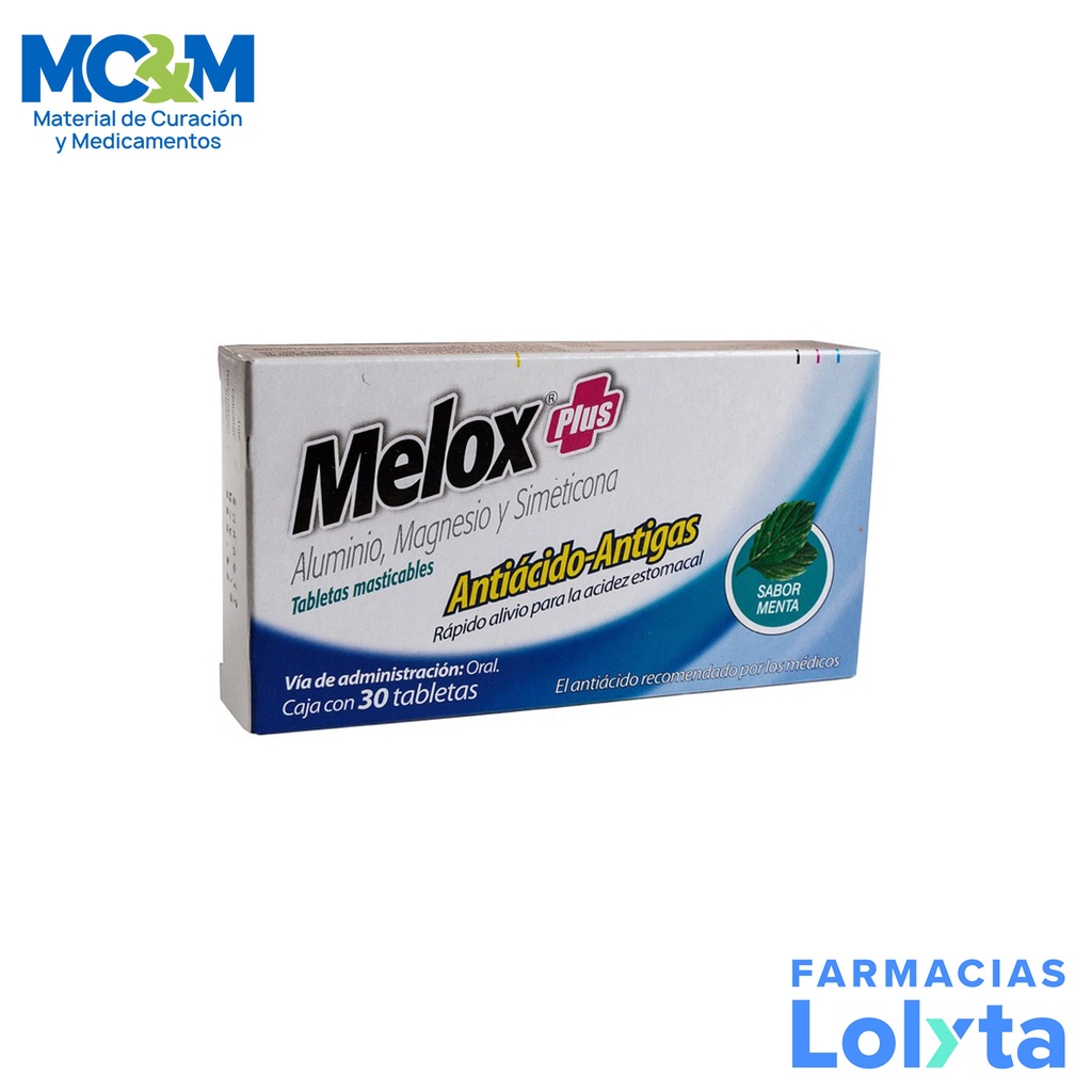 MELOX PLUS 200/200/25 MG C/30 TAB MASTICABLES SABOR MENTA ALUMINIO MAGNESIO SIMETICONA